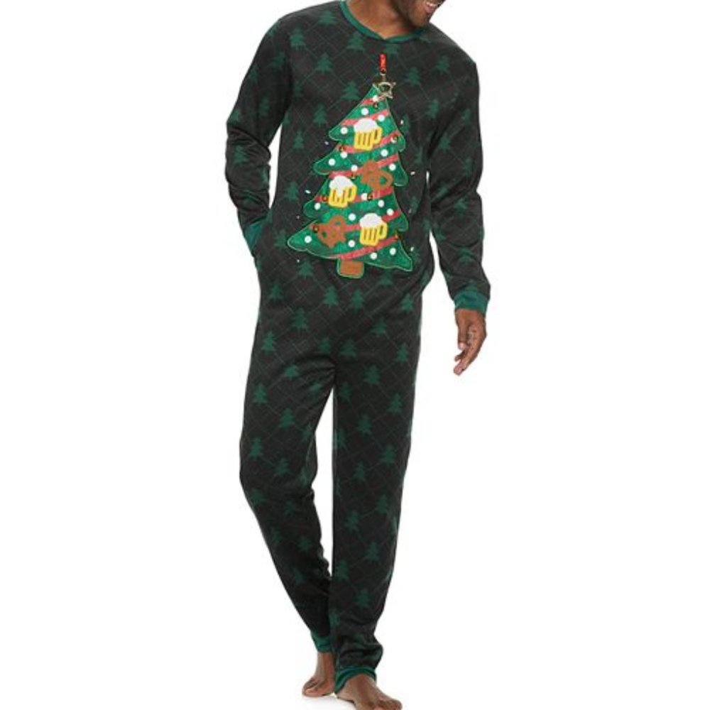 NEW Christmas Beer Stein pajamas Union suit mens small Lights up ugly pretzal